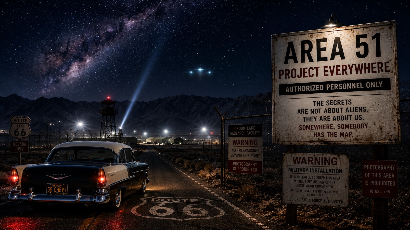 Midnight at an Area 51 checkpoint. An illuminated sign reads Area 51, Project Everywhere, Authorized Personnel Only beside Route 66.